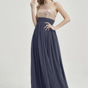 Azazie Chiffon Sequin Dark Navy Dark Navy One-Shoulder Sleeveless Maxi Dress 2X